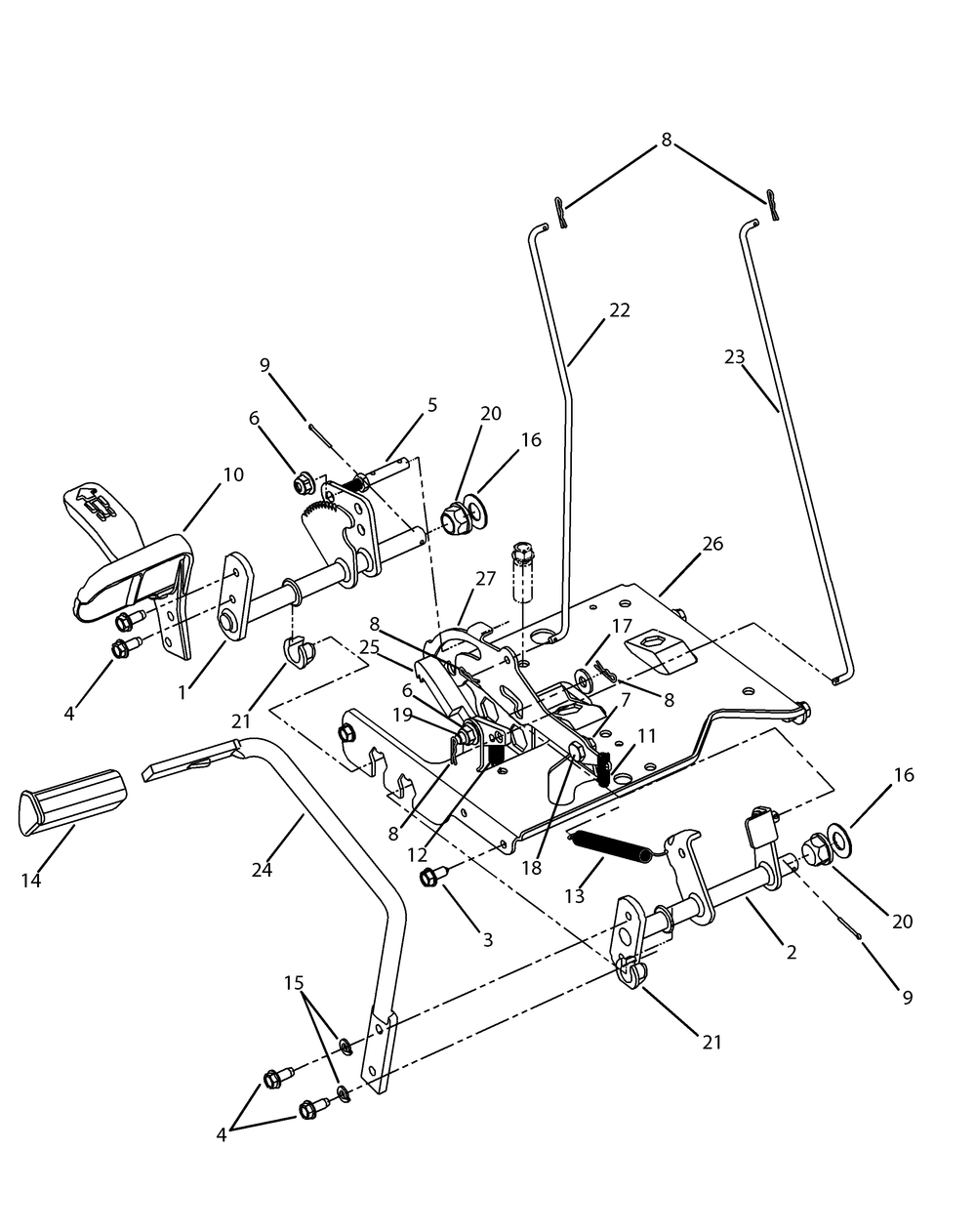 Pedal Assembly Diagram and Parts List for GT1554VT 14VR13CK009-14VR13CK010 Cub Cadet Lawn Tractor
